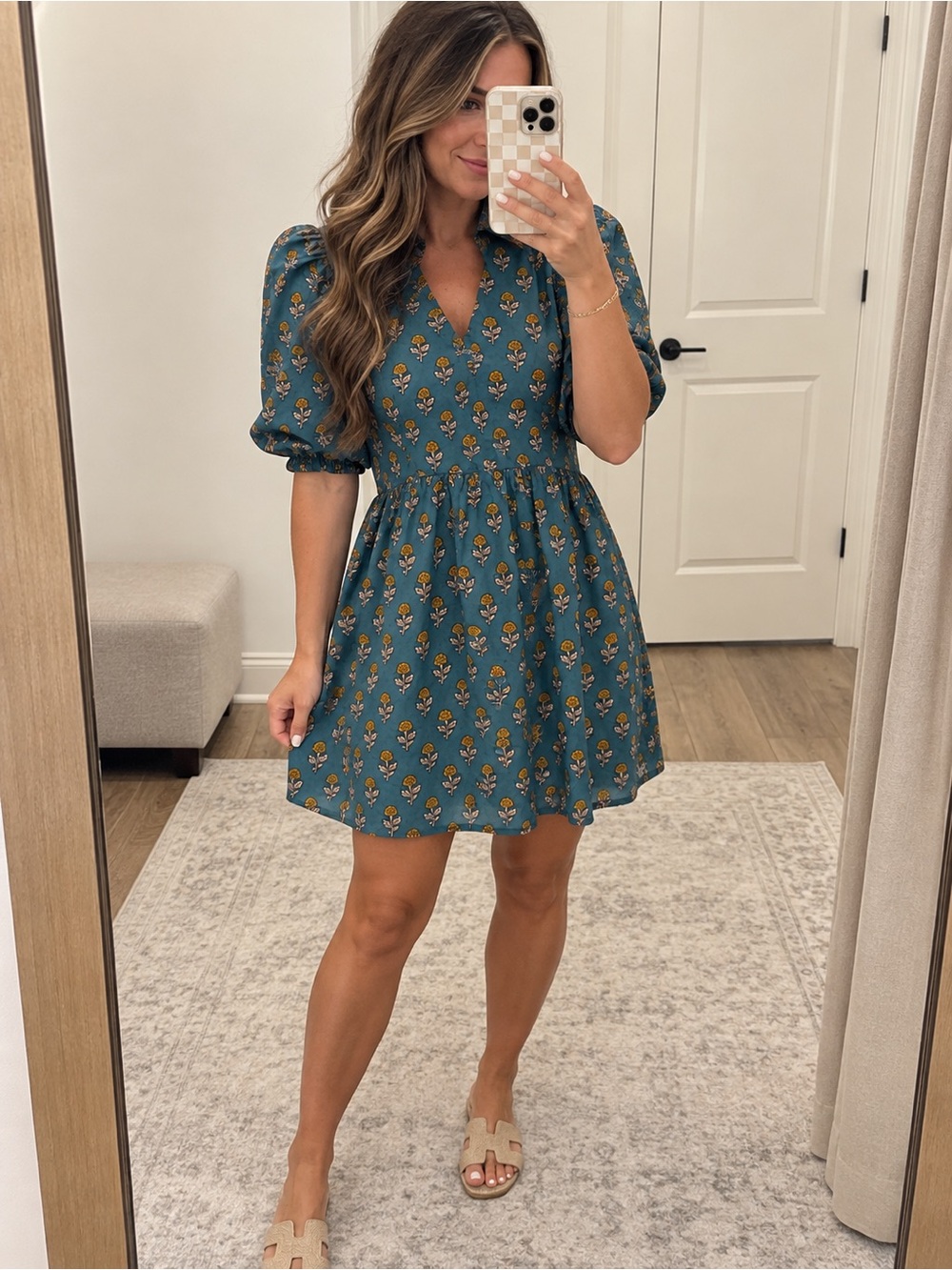 Entro turquoise and mustard floral puff sleeve dress medium